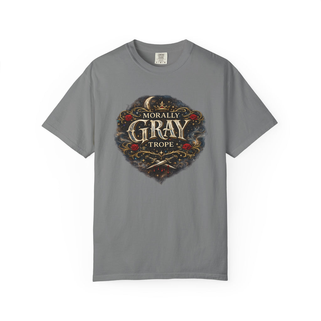 Morally Gray Trope Comfort Colors gothic fantasy graphic tee, close-up of design