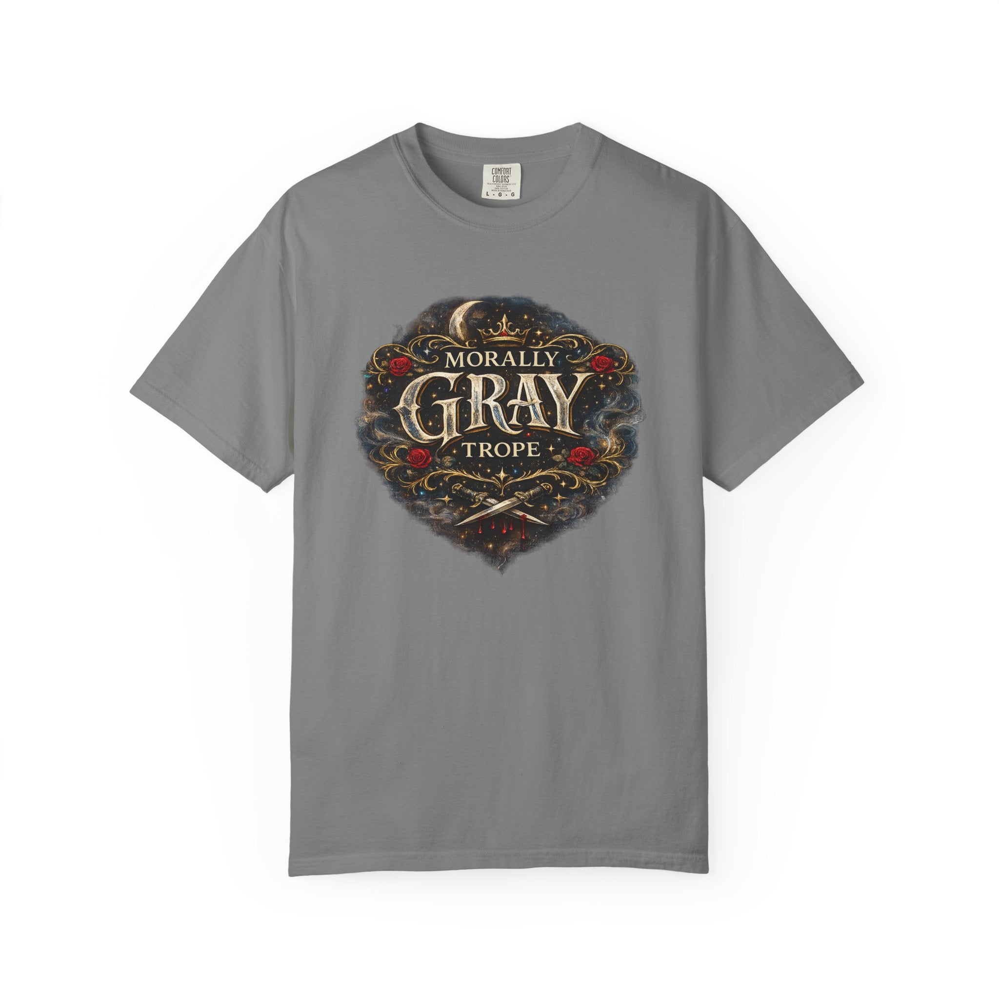 Morally Gray Trope Comfort Colors gothic fantasy graphic tee, close-up of design