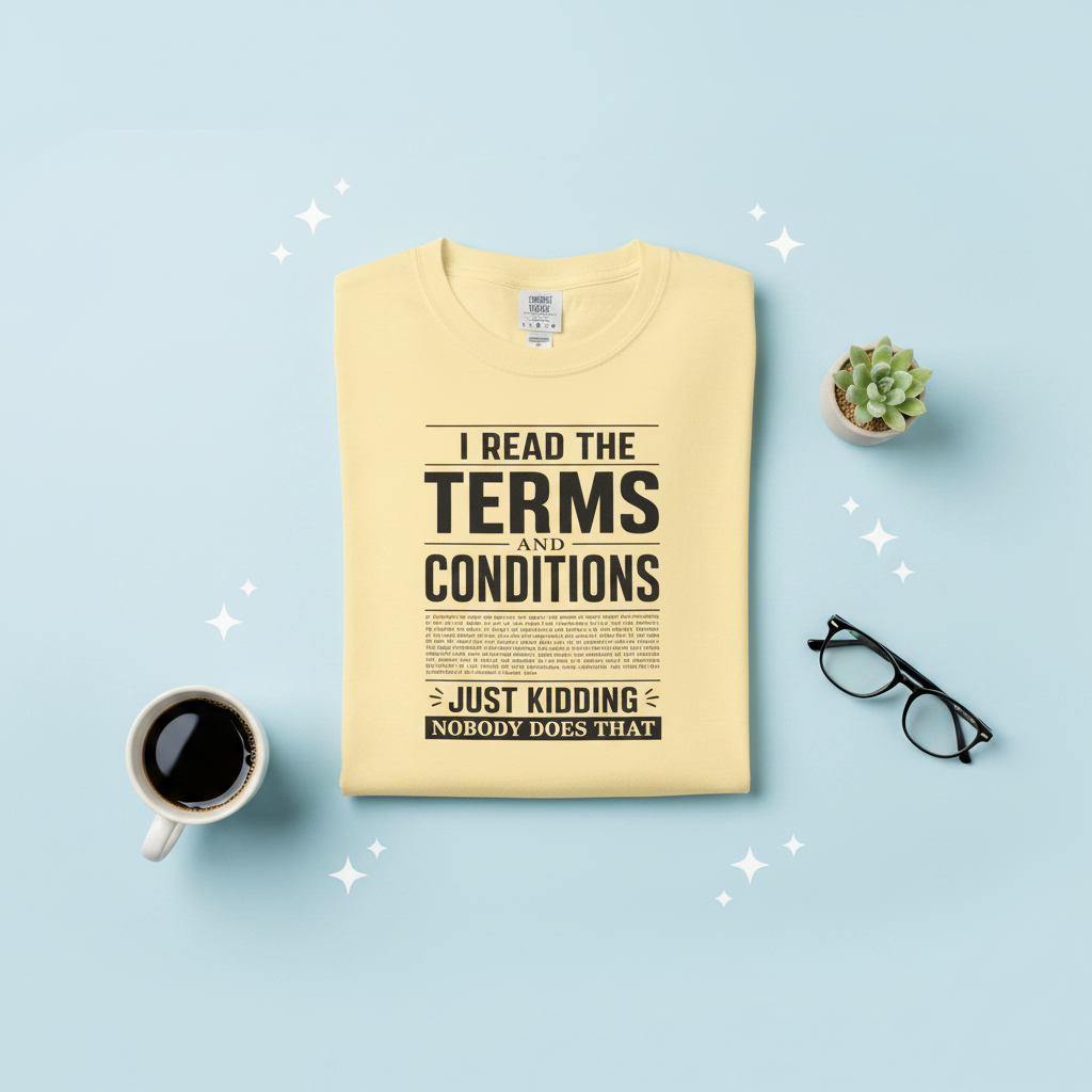 A pale yellow short-sleeve t-shirt with a black text graphic on the front reading 'I READ THE TERMS AND CONDITIONS JUST KIDDING NOBODY DOES THAT' in a newspaper-style layout, shown against a plain white background.