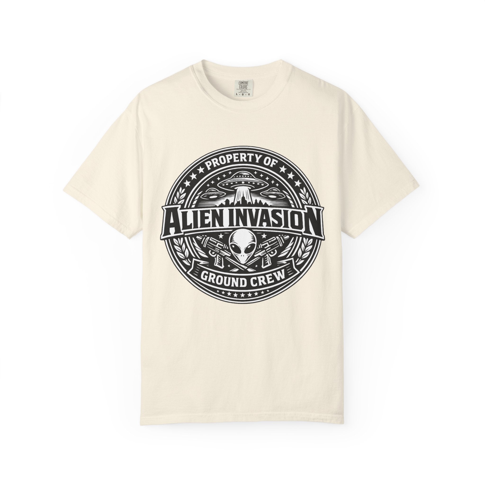 Alien Invasion Ground Crew T-Shirt | UFO Badge Graphic, Comfort Colors tee - Mutantur Labs LLC