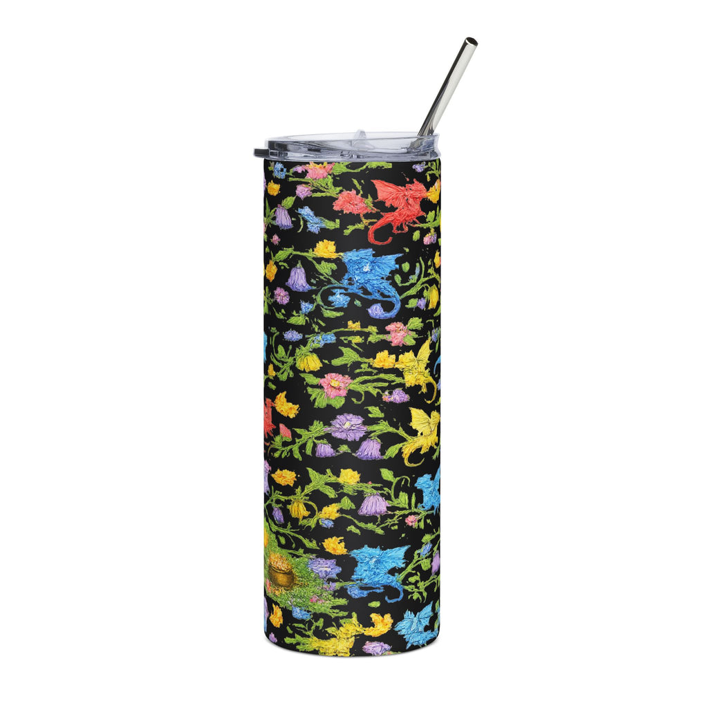 Floral Dragon 20oz Stainless Steel Tumbler — Fantasy Dragon Travel Cup with Vines, Flowers & Hidden Details - Mutantur Labs LLC