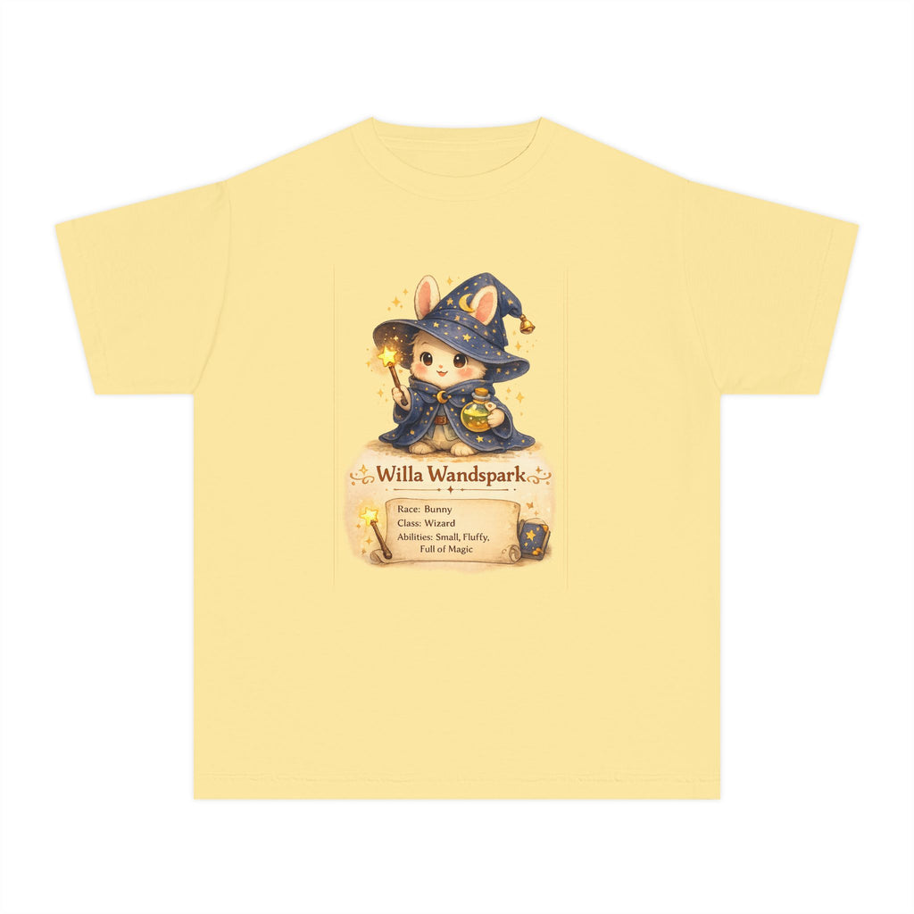 Yellow t-shirt with a Willa Wandspark character in a wizard costume and potion label on a white background