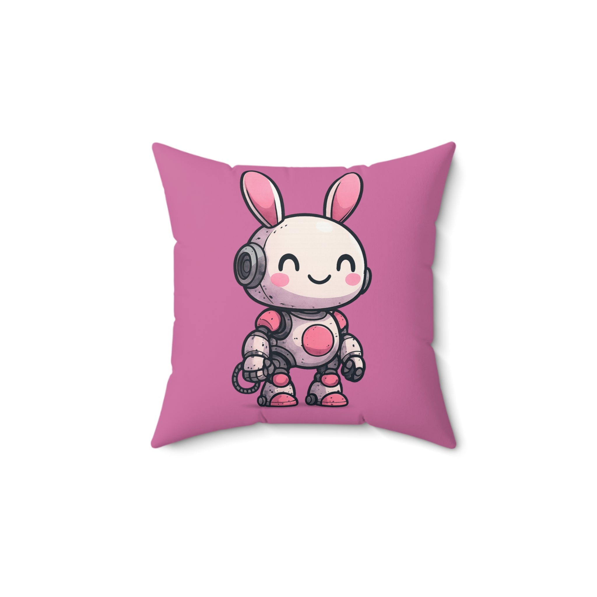 Happy Pink Robot Pillow – Whimsical Robot Bunny Square Throw Pillow