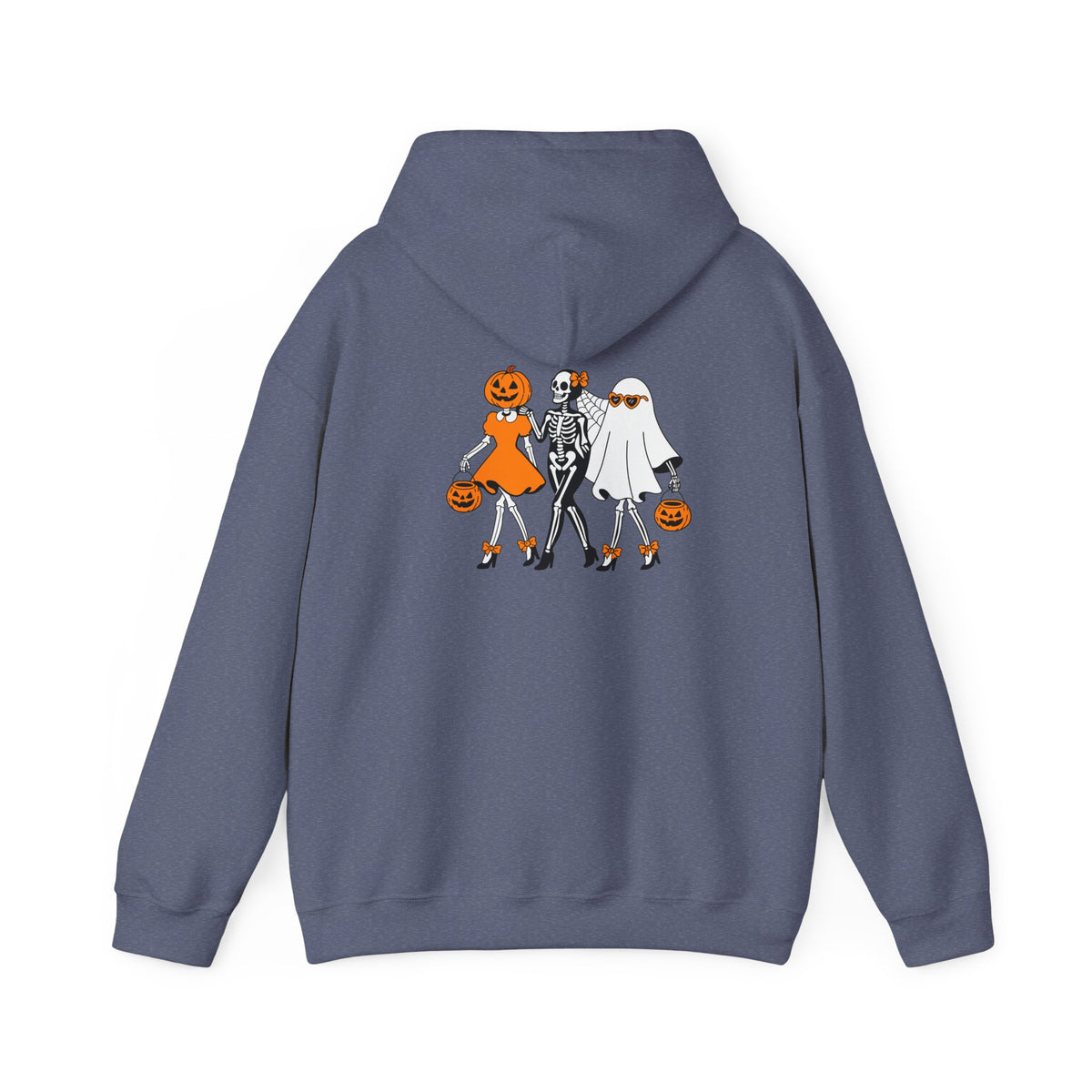 A slate blue hoodie shown from the back, featuring a graphic print of three cartoon skeletons dressed in orange and white Halloween costumes holding jack-o'-lanterns.
