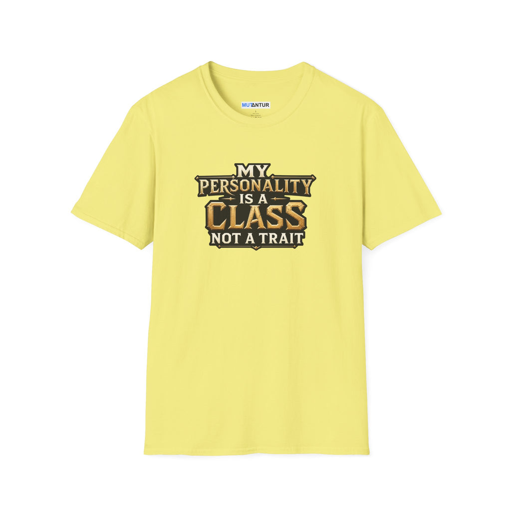 A light yellow short-sleeve t-shirt with a graphic text print on the chest that reads 'MY PERSONALITY IS A CLASS NOT A TRAIT' in brown and black lettering, displayed on a solid white background.