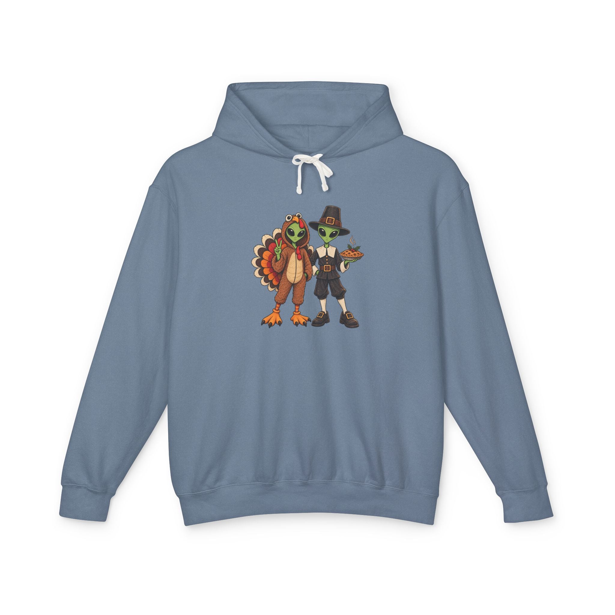 An dusty blue hooded sweatshirt with a central graphic of  cartoon aliens dressed as a  turkey and a pilgrim figure, displayed on a clean white background.