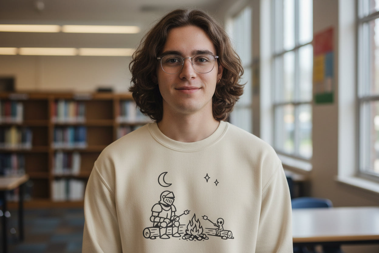 Camping Knight and Alien Crewneck Sweatshirt - Mutantur Labs LLC