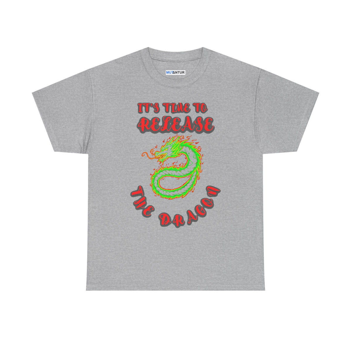 It's Time to Release the Dragon green fire dragon graphic t-shirt in heather gray, front view
