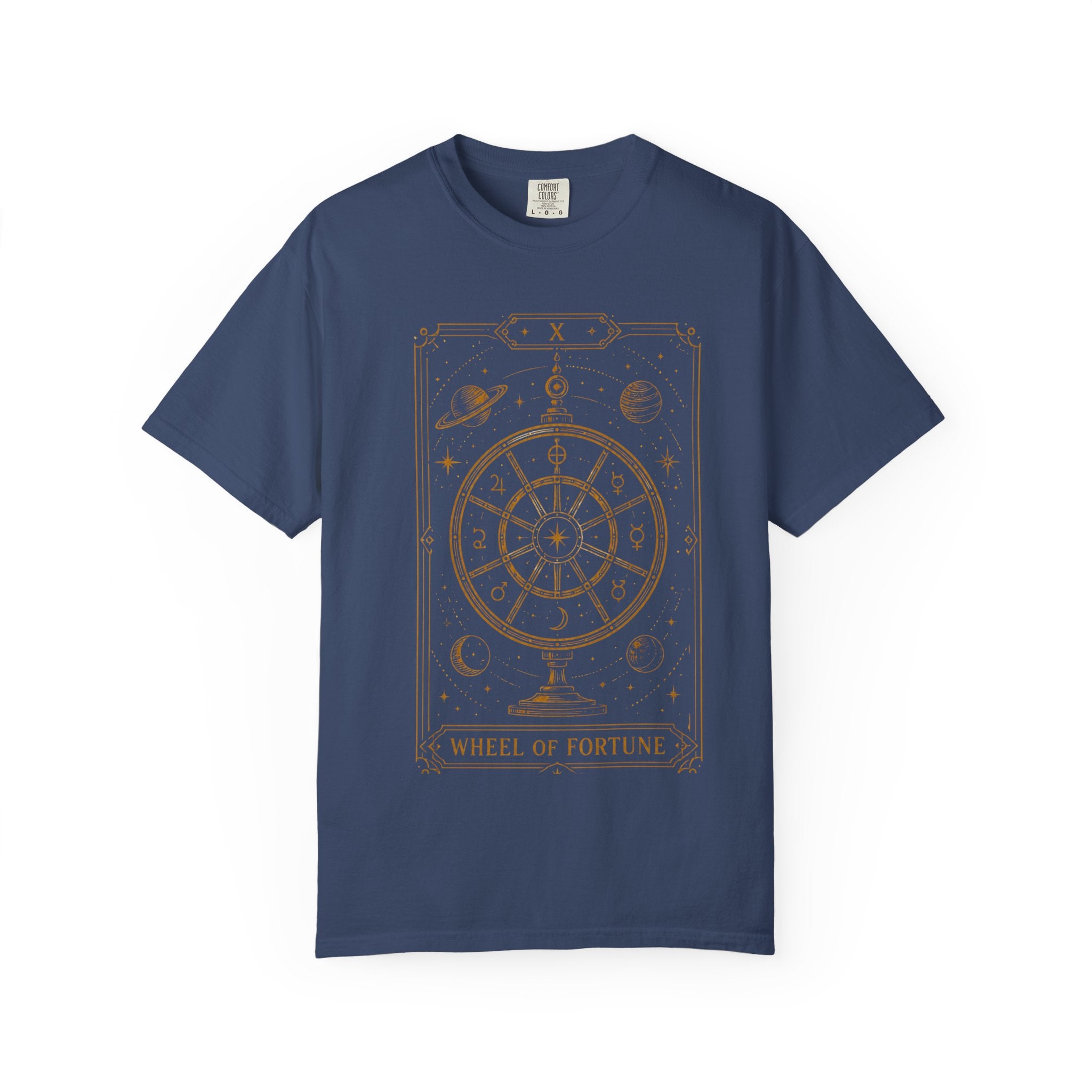 A navy blue short-sleeve crewneck t-shirt featuring a gold-colored 'Wheel of Fortune' tarot card graphic printed on the chest, displayed against a solid white background.