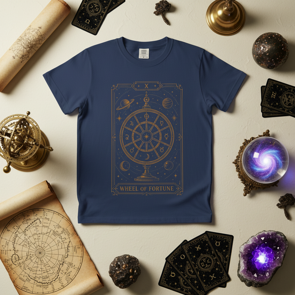 A navy blue short-sleeve crewneck t-shirt featuring a gold-colored 'Wheel of Fortune' tarot card graphic printed on the chest, displayed against a solid white background.