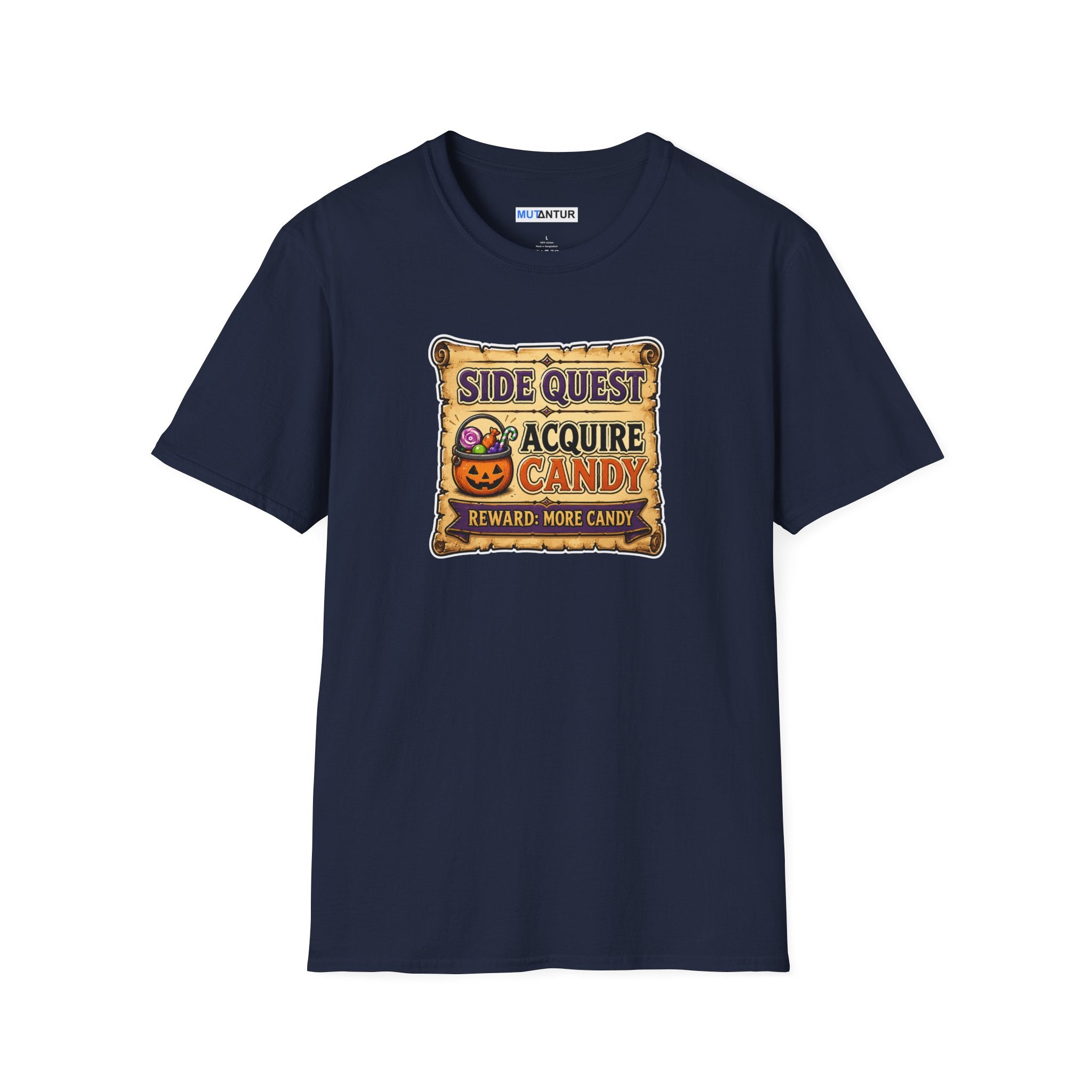 A Blue  short-sleeve crewneck t-shirt featuring a colorful graphic on the chest that reads 'SIDE QUEST TO ACQUIRE CANDY REWARD: MORE CANDY' with a jack-o'-lantern illustration.