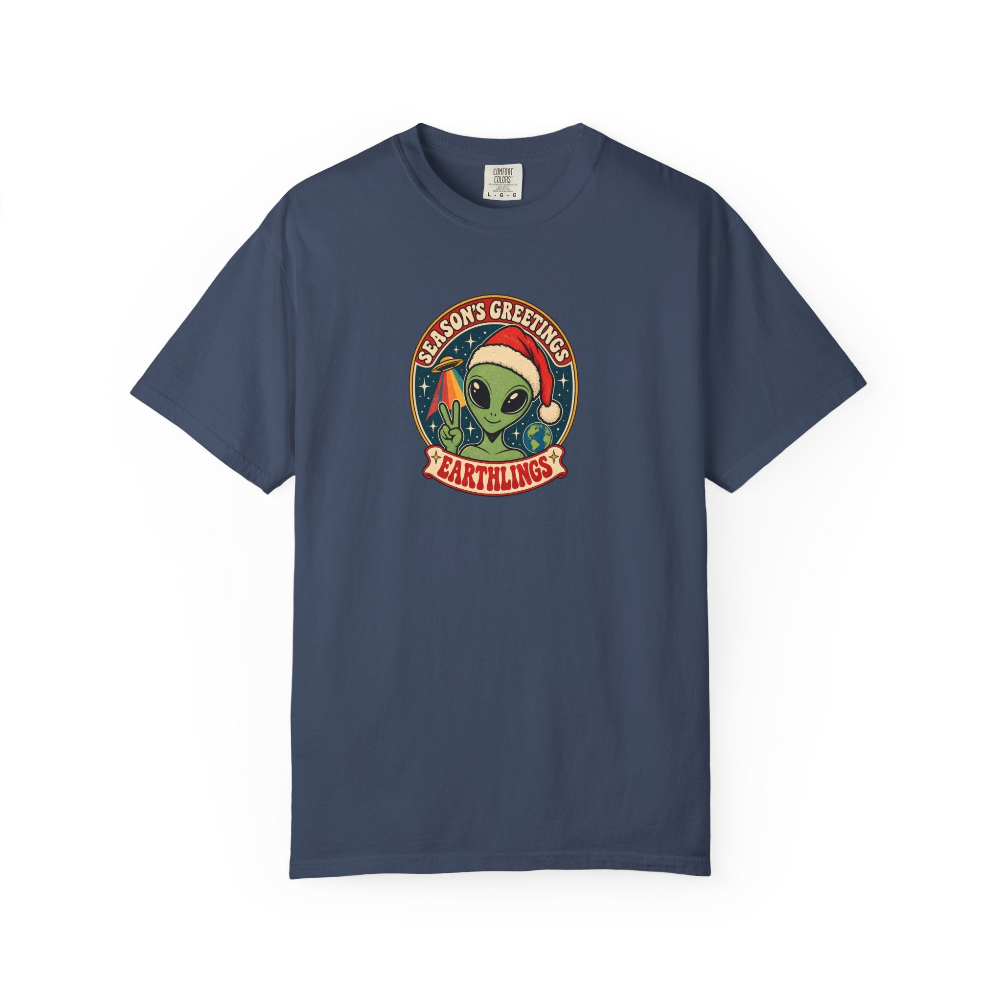 Alien Holiday T‑Shirt — "Season's Greetings Earthlings" Retro Graphic Comfort Colors Tee