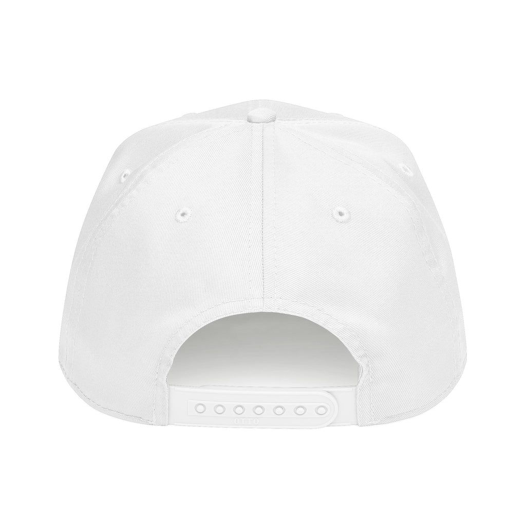 The back view of a plain white snapback cap on a solid white background.