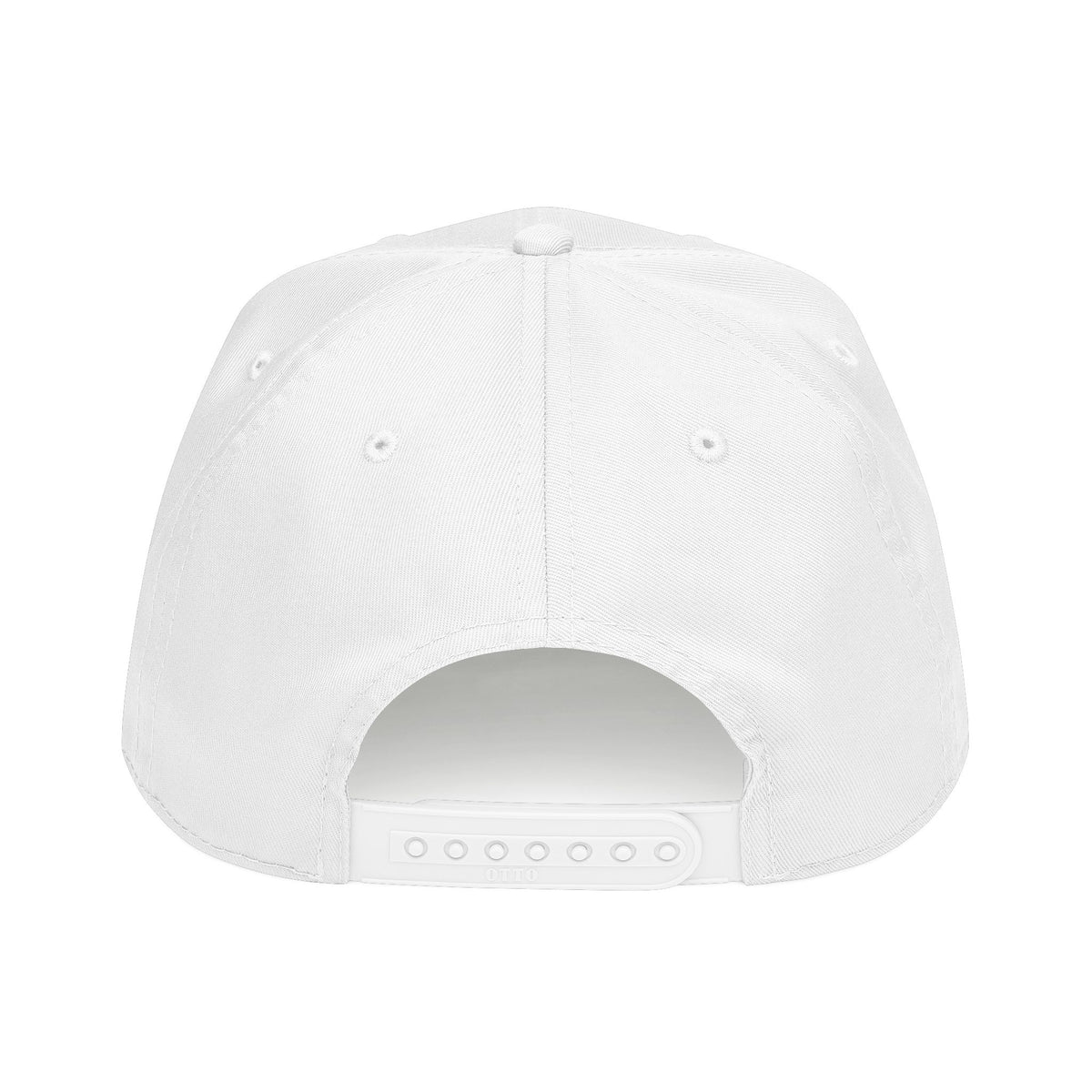 The back view of a plain white snapback cap on a solid white background.