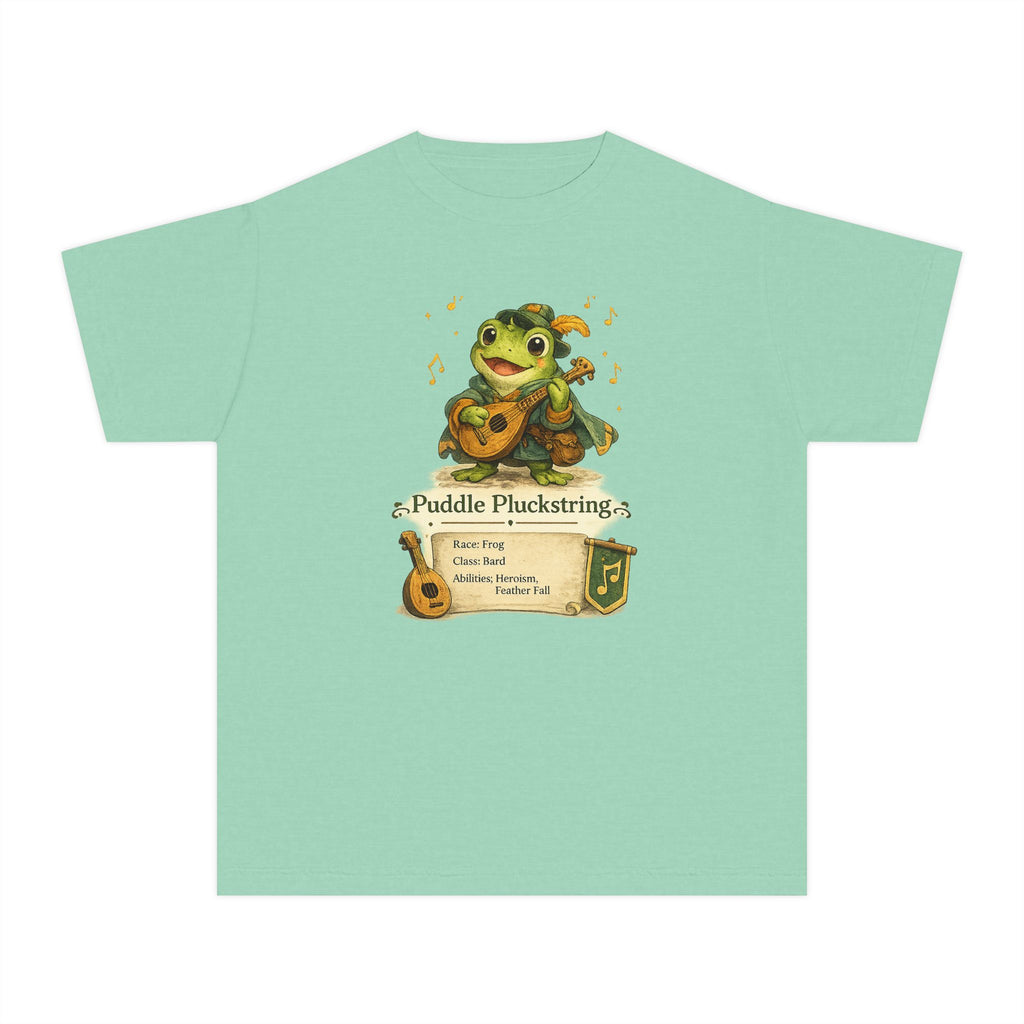 Light green t-shirt with a frog playing a ukulele graphic and text on a white background