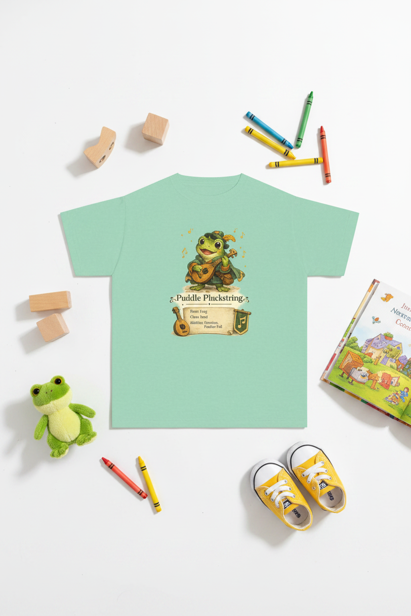 Light green t-shirt with a frog playing a ukulele graphic and text on a white background