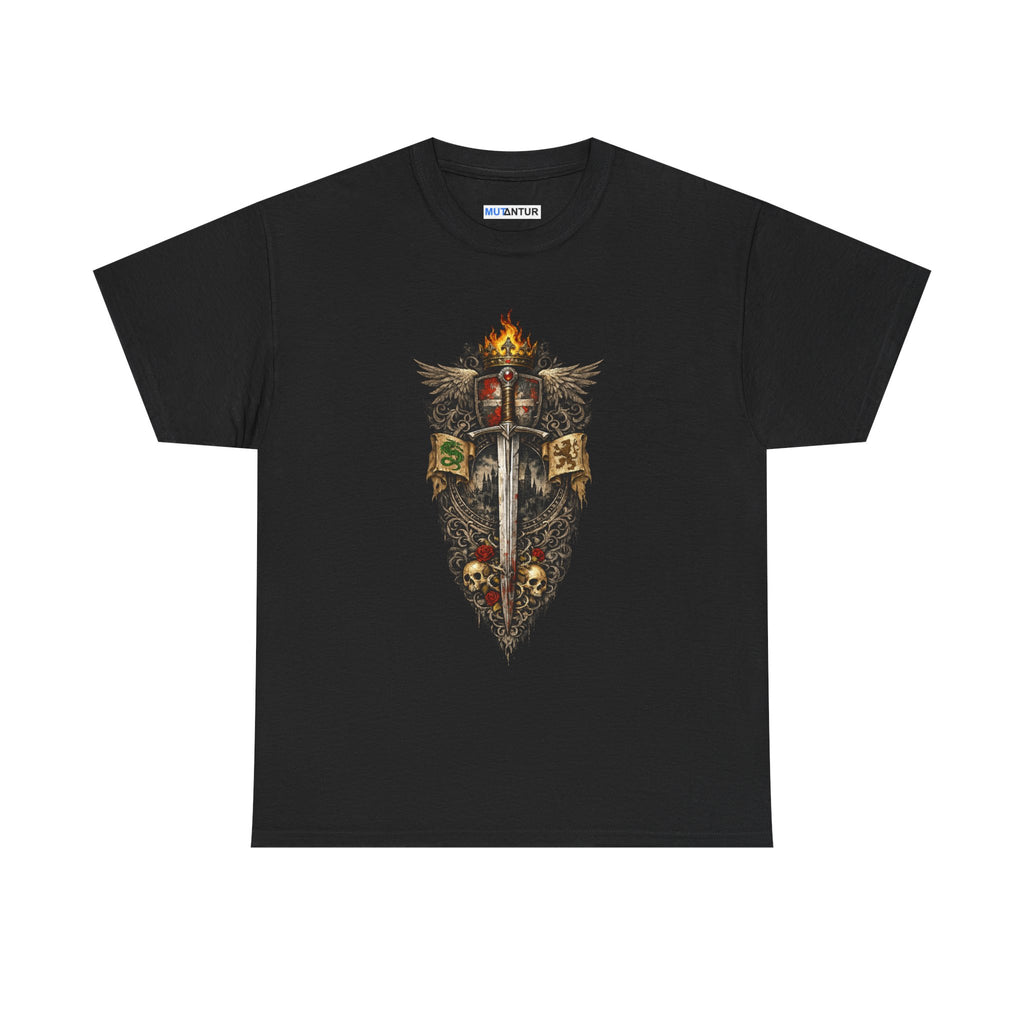 Medieval Sword & Shield T-Shirt — Fantasy Knight Crest Tee - Mutantur Labs LLC