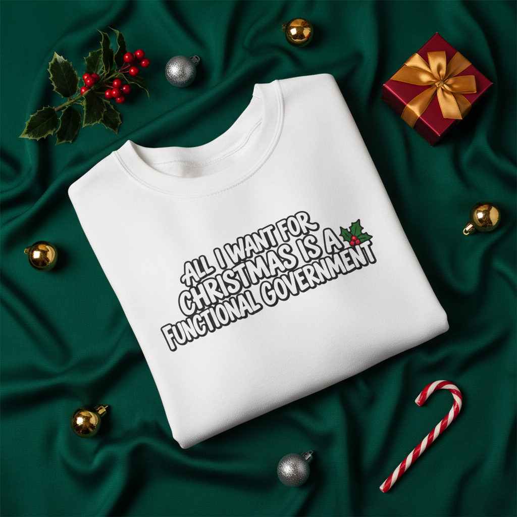 A folded white crewneck sweatshirt with the text 'ALL I WANT FOR CHRISTMAS IS A FUNCTIONAL GOVERNMENT' printed on the front, styled on a dark green satin background with Christmas decorations including ornaments, a candy cane, holly, and a gift box.