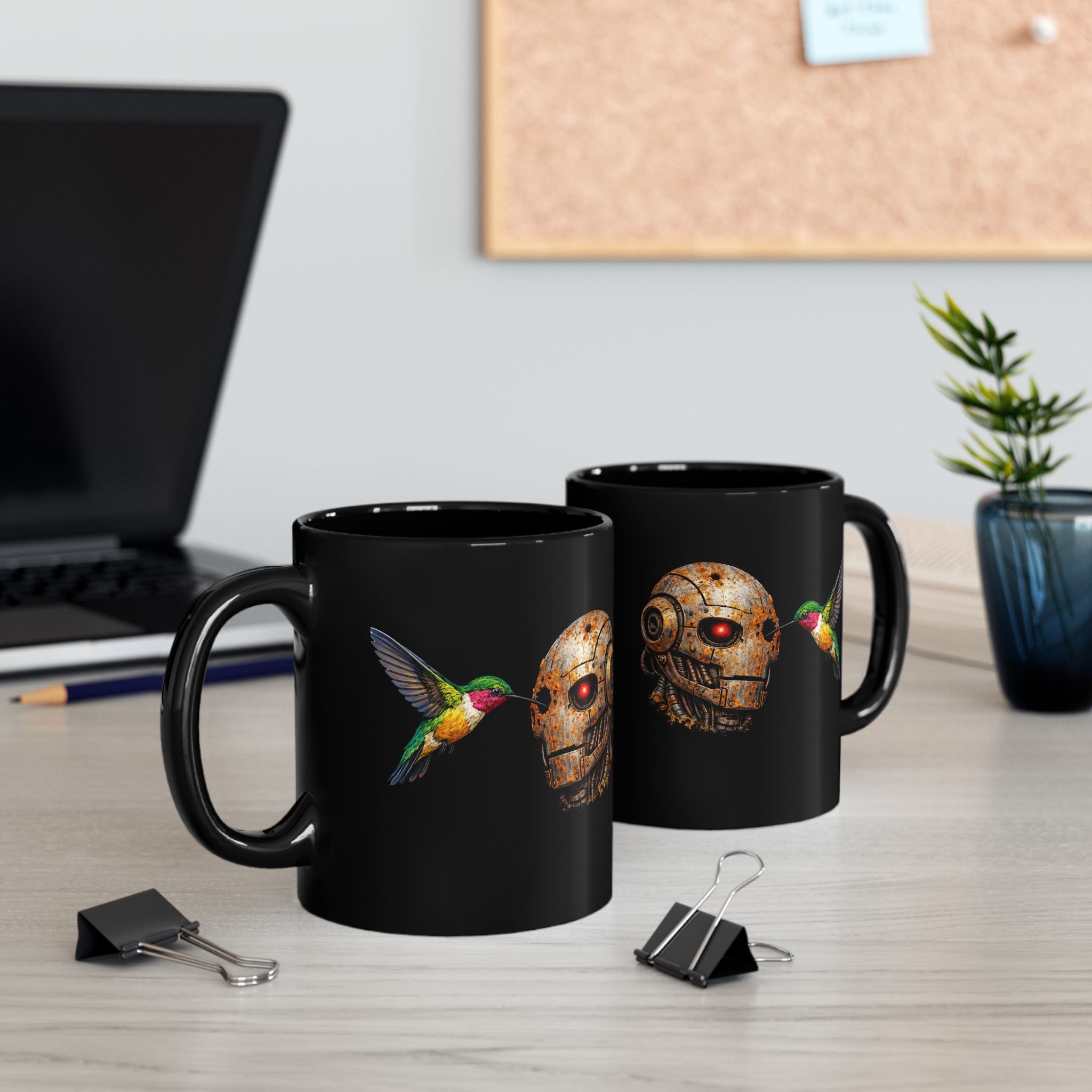 Steampunk Robot Skull and Hummingbird Mug — Black Ceramic Coffee Cup - Mutantur Labs LLC