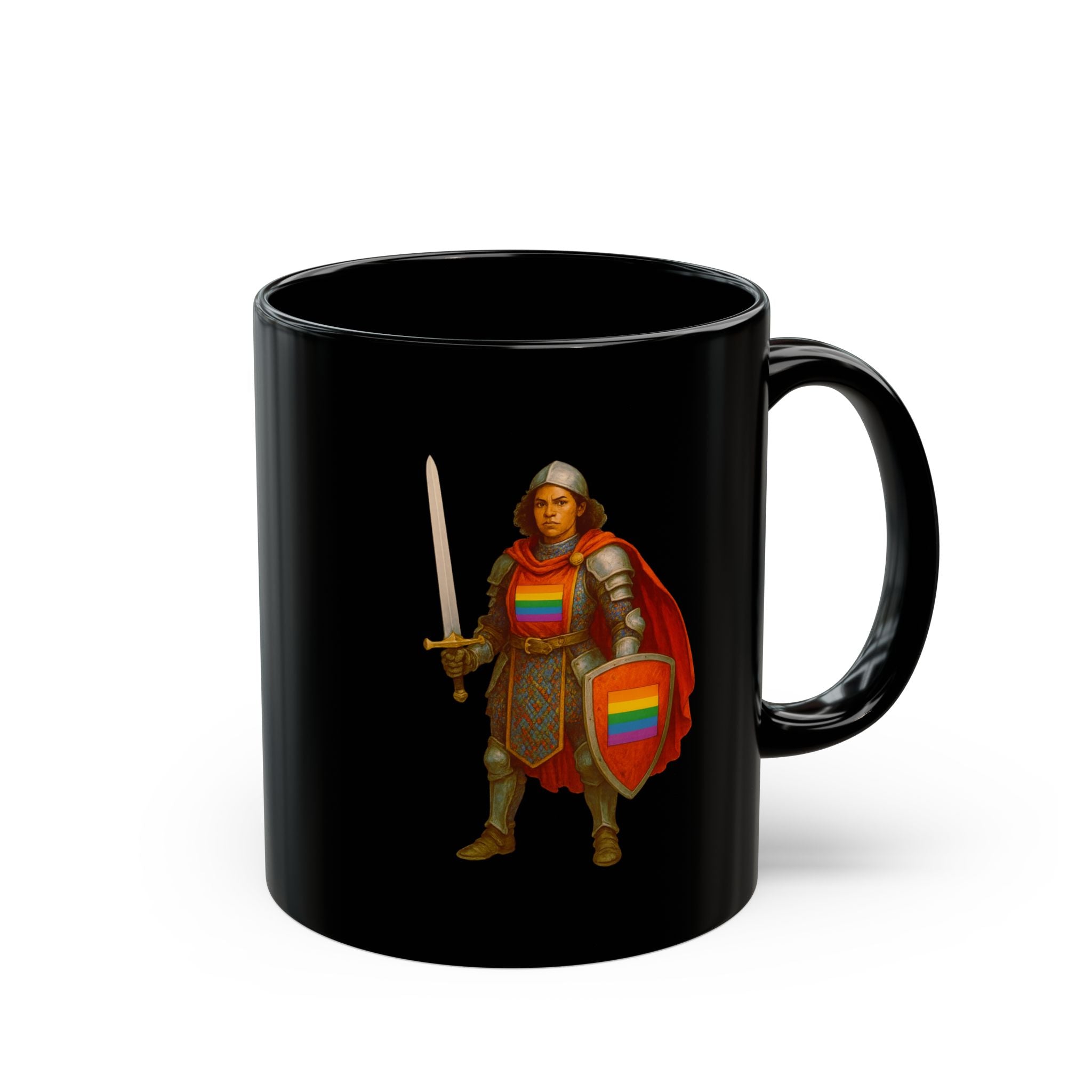 Rainbow Paladin Mug — Black Ceramic Mug with Pride Shield and Cape - Mutantur Labs LLC