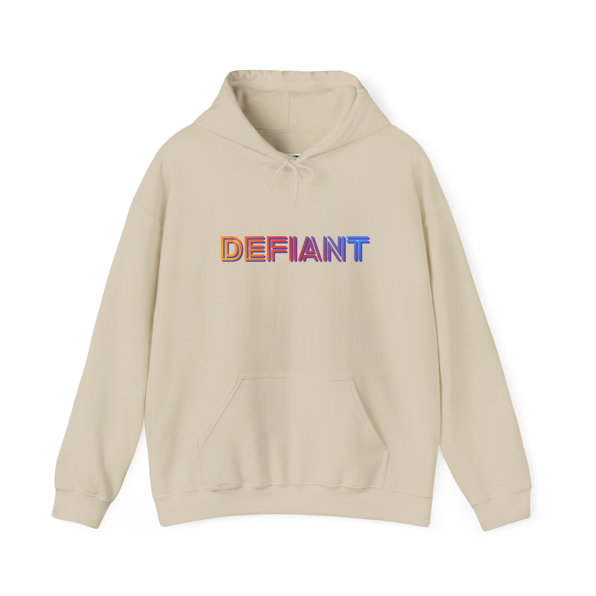 Defiant rainbow text logo graphic hoodie in sand, front view