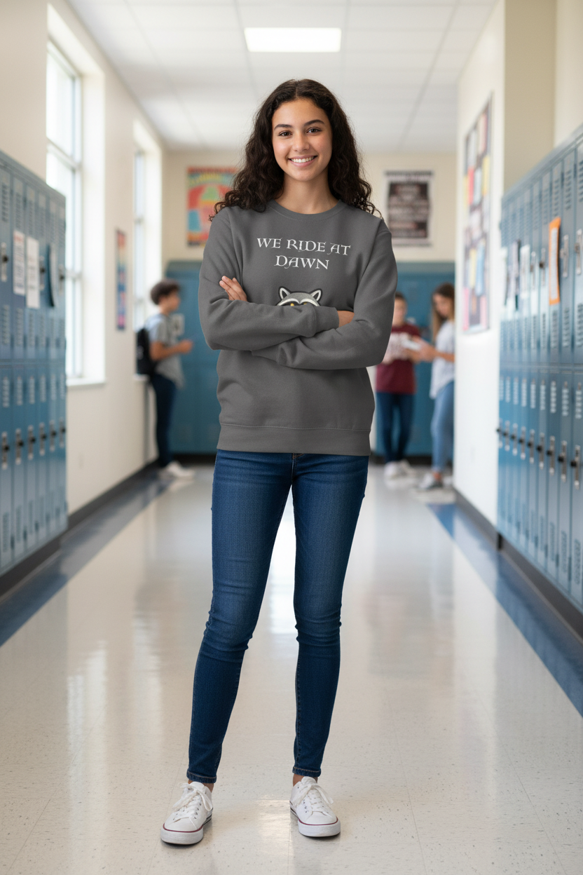 We Ride at Dawn raccoon crewneck sweatshirt, lifestyle shot