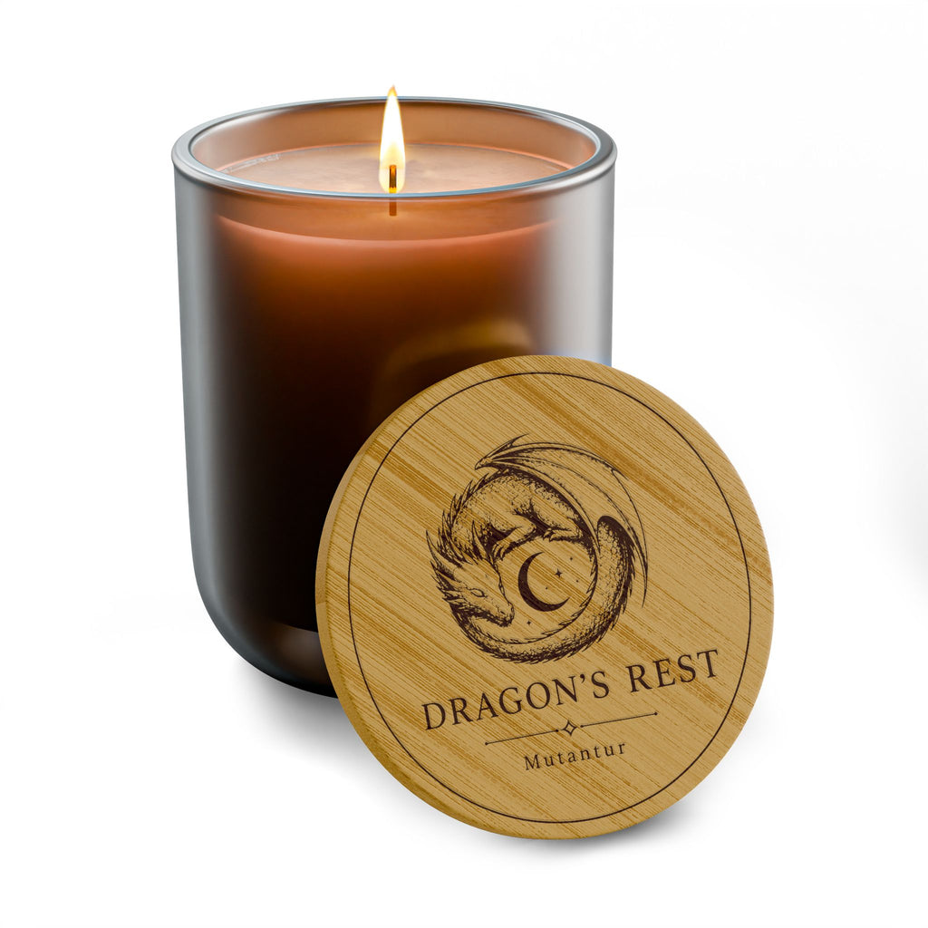 Dragon's Rest Emblem Soy Candle — 14oz Scented Candle with Engraved Bamboo Lid - Mutantur Labs LLC