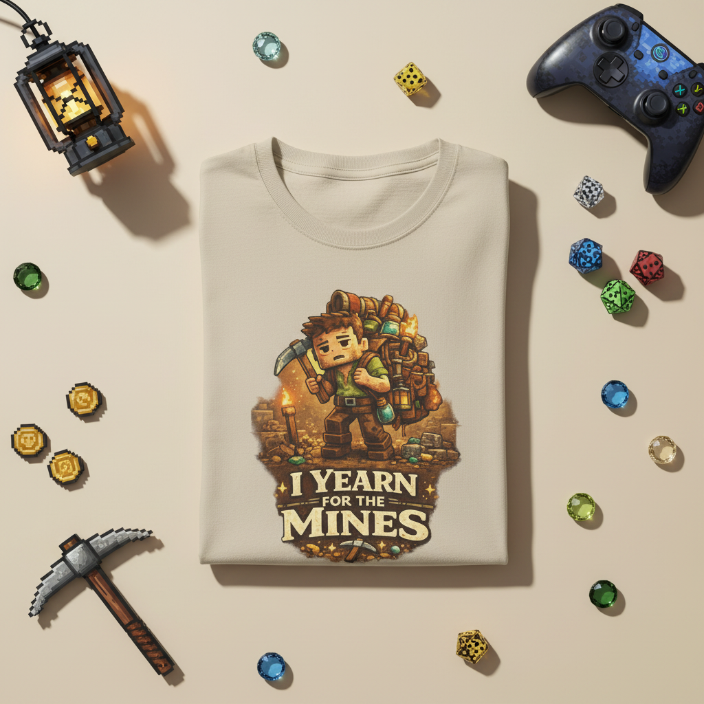 I Yearn for the Mines funny gaming graphic tee, flat lay