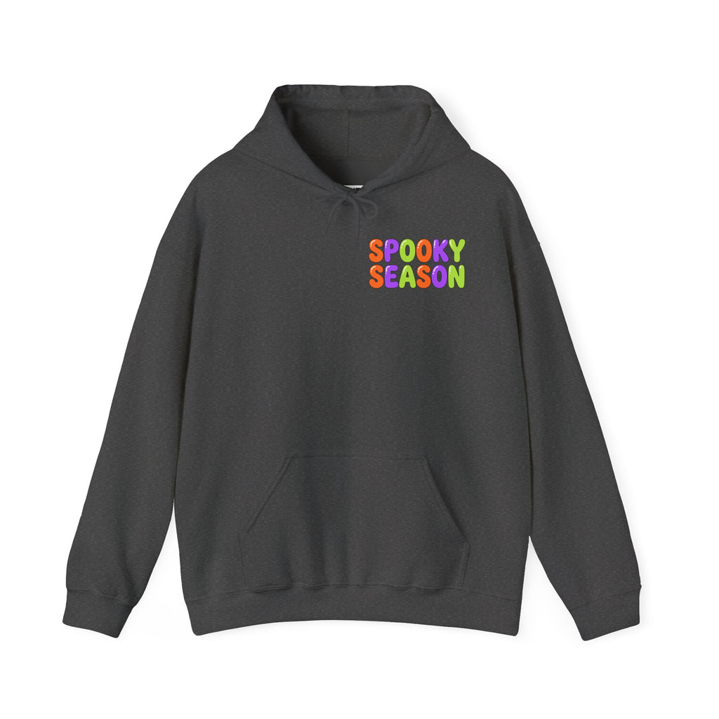 A dark gray pullover hoodie with a colorful graphic on the chest that reads 'SPOOKY SEASON' in a rainbow gradient font, displayed against a solid white background.