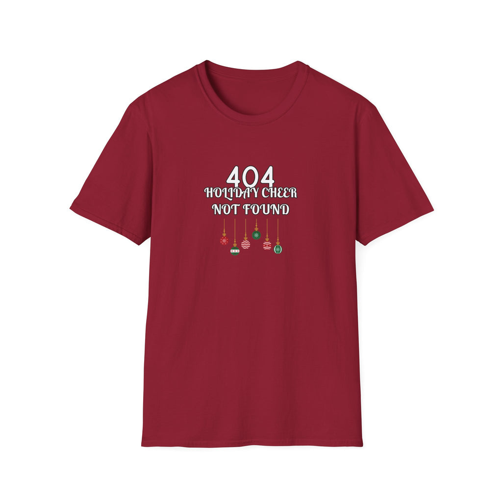 red t shirt with  white text that says 404 Holiday Cheer not Found with hanging Christmas tree ornaments on a white background 
