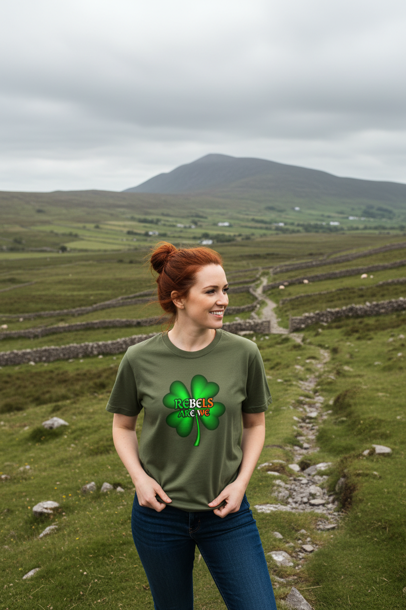 A woman with red hair in a bun stands outdoors in a green rural landscape wearing an olive green t-shirt with a shamrock graphic and the text 'REBELS  QW ARE'