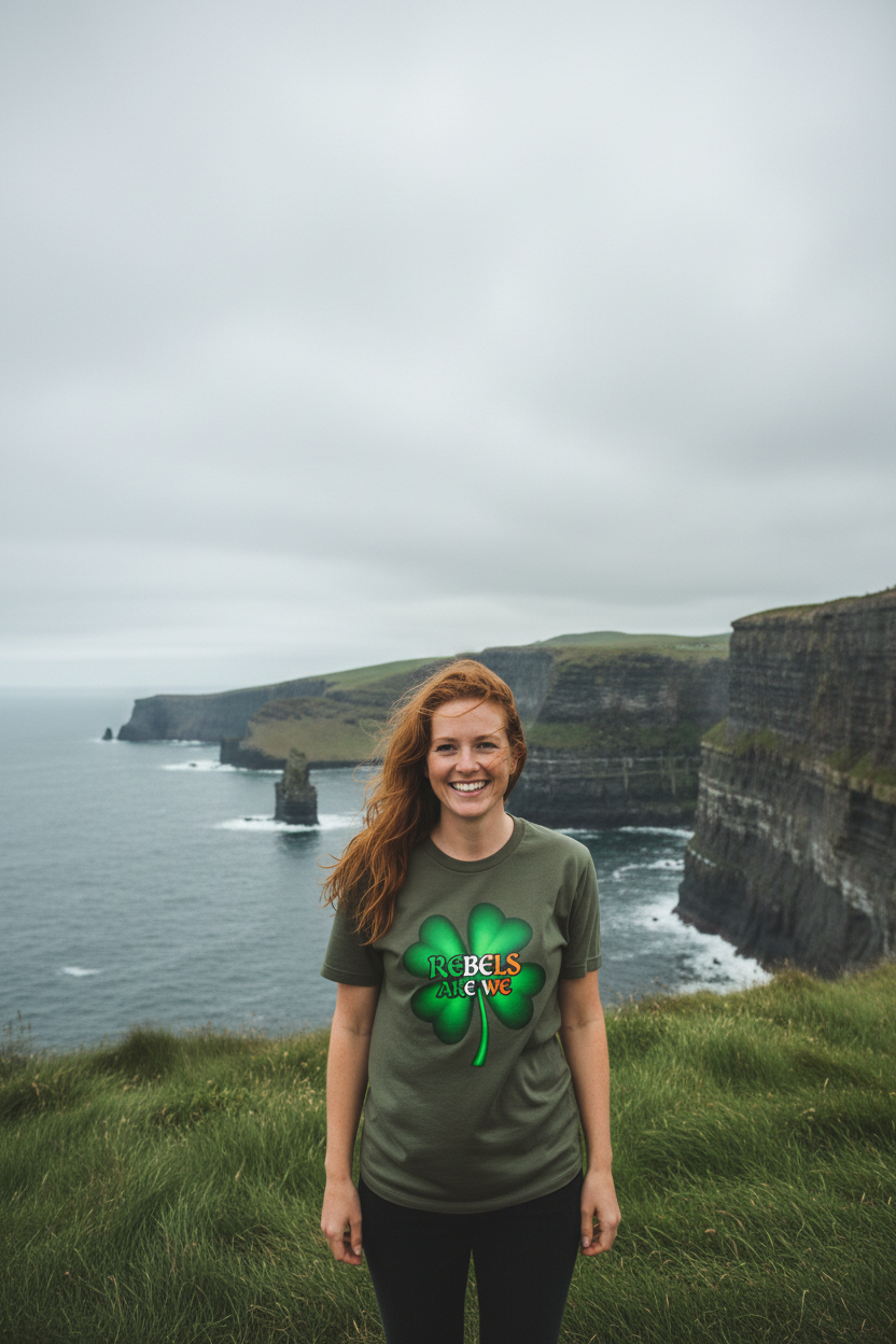 A smiling woman with red hair stands on a grassy cliffside wearing an olive green t-shirt with a green shamrock graphic and the text 'REBELS ARE WE  in St. Patrick's Day colors, with the iconic Cliffs of Moher and sea stacks in the background under an overcast sky.