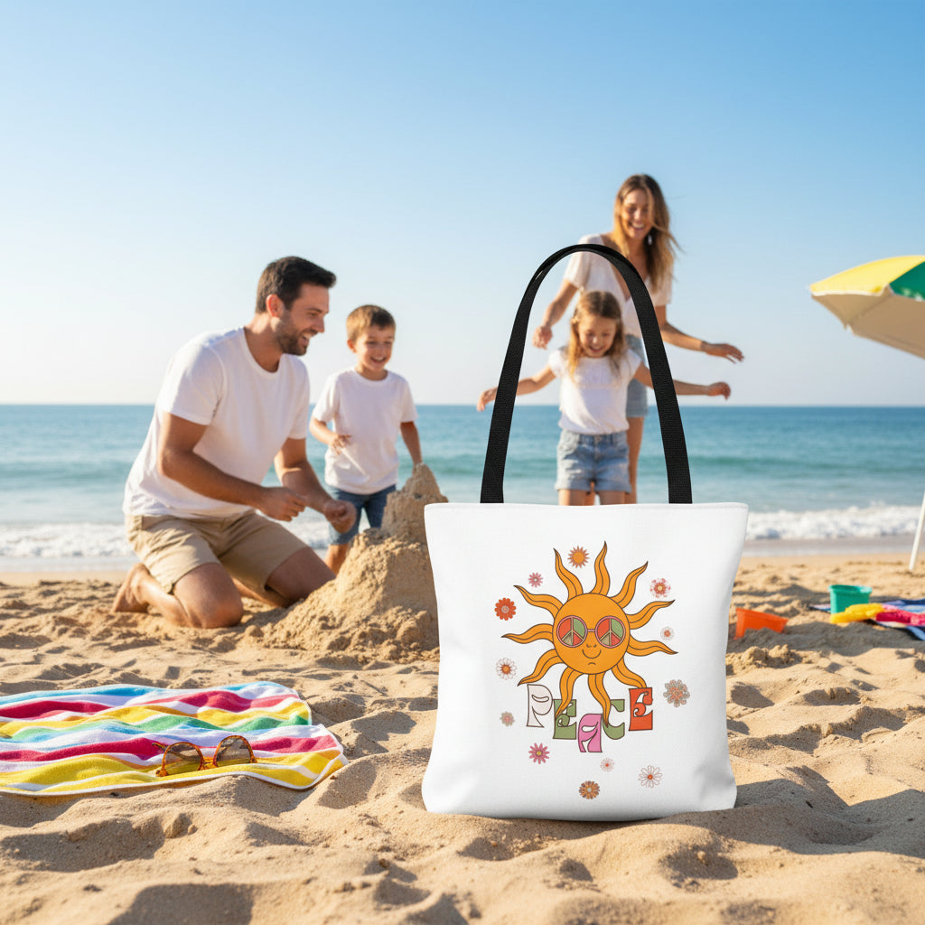 Retro Sun Peace Tote Bag | 70s Hippie Sunflower Art Bag - Mutantur Labs LLC