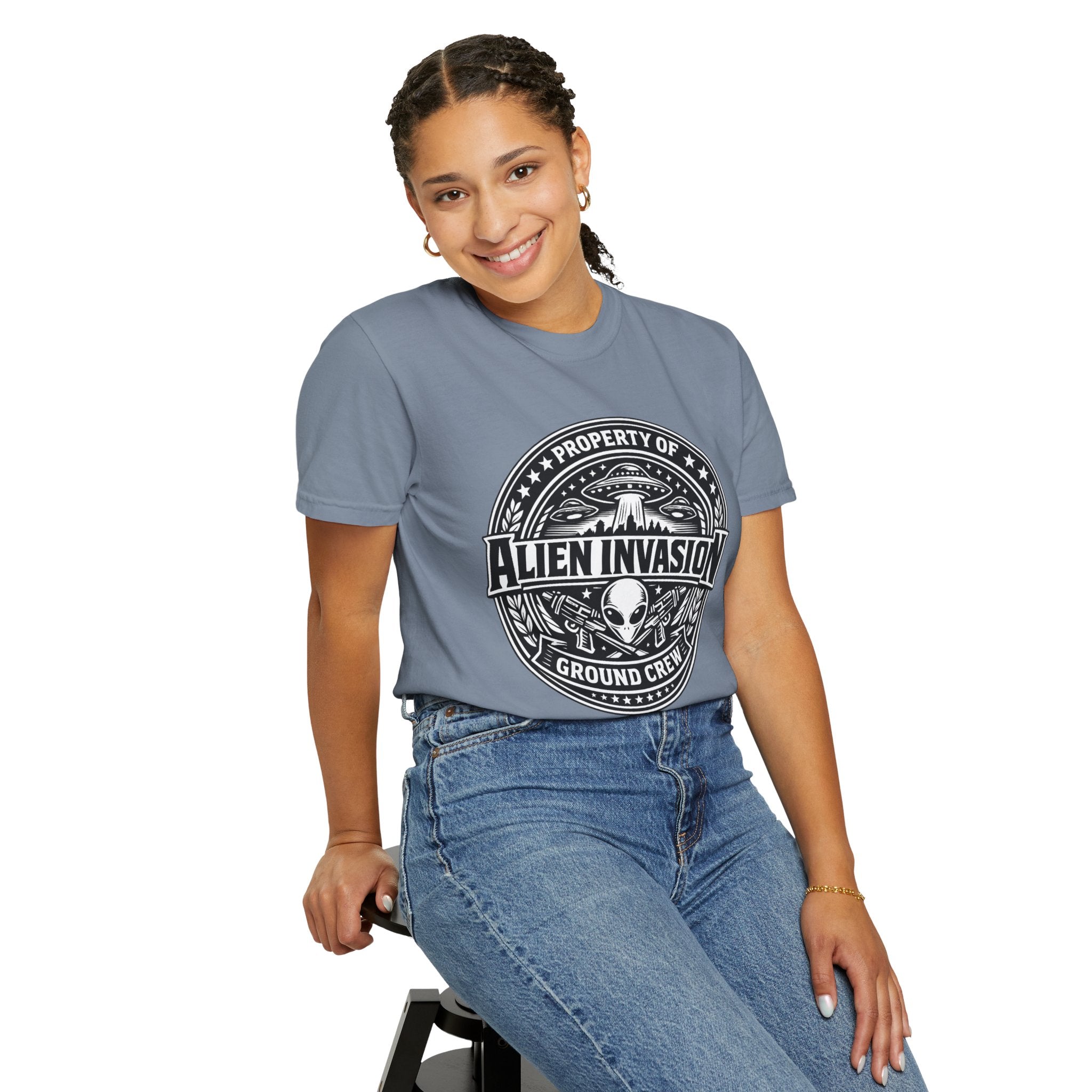Alien Invasion Ground Crew T-Shirt | UFO Badge Graphic, Comfort Colors tee - Mutantur Labs LLC