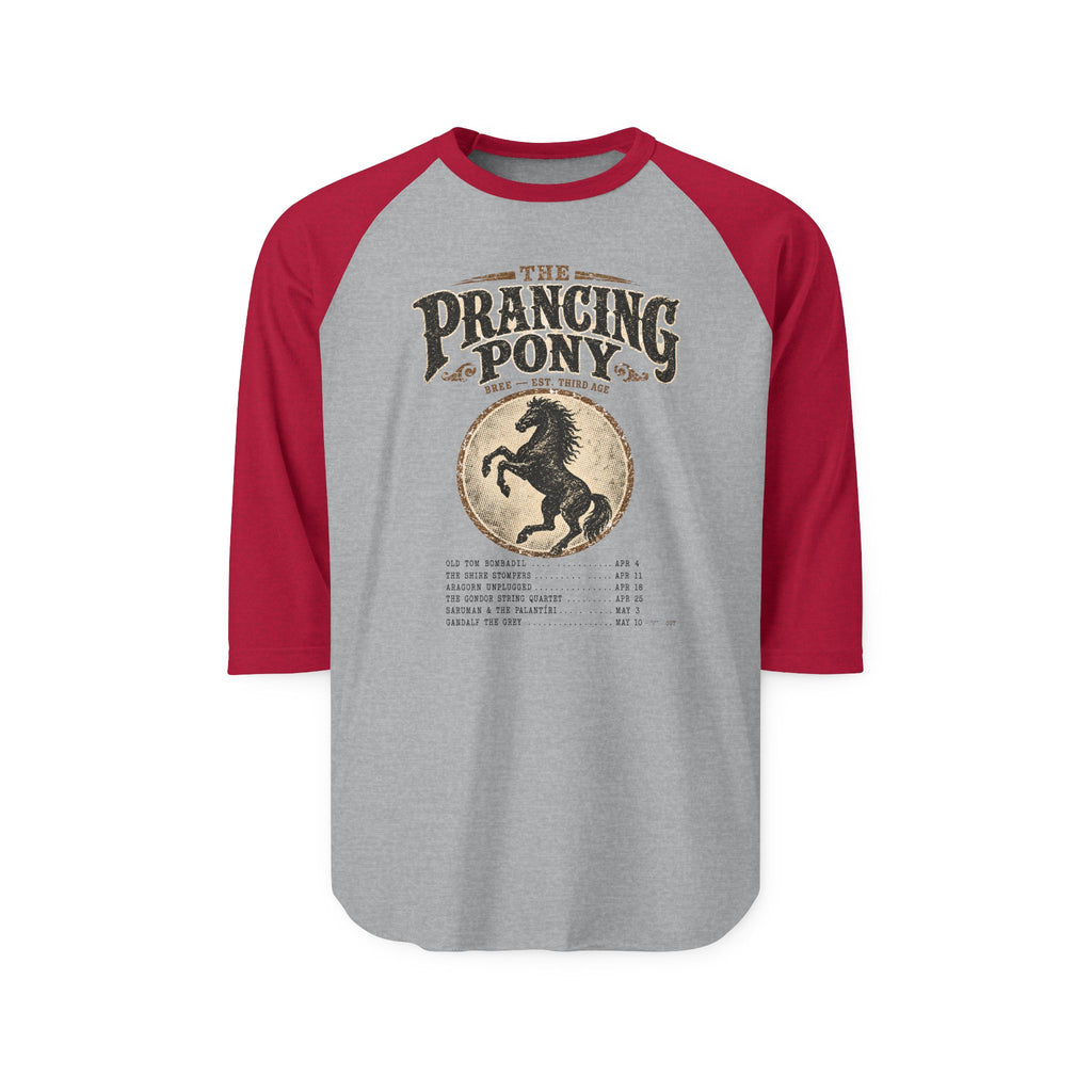 Gray and red baseball shirt with 'The Prancing Pony' graphic on a gray background