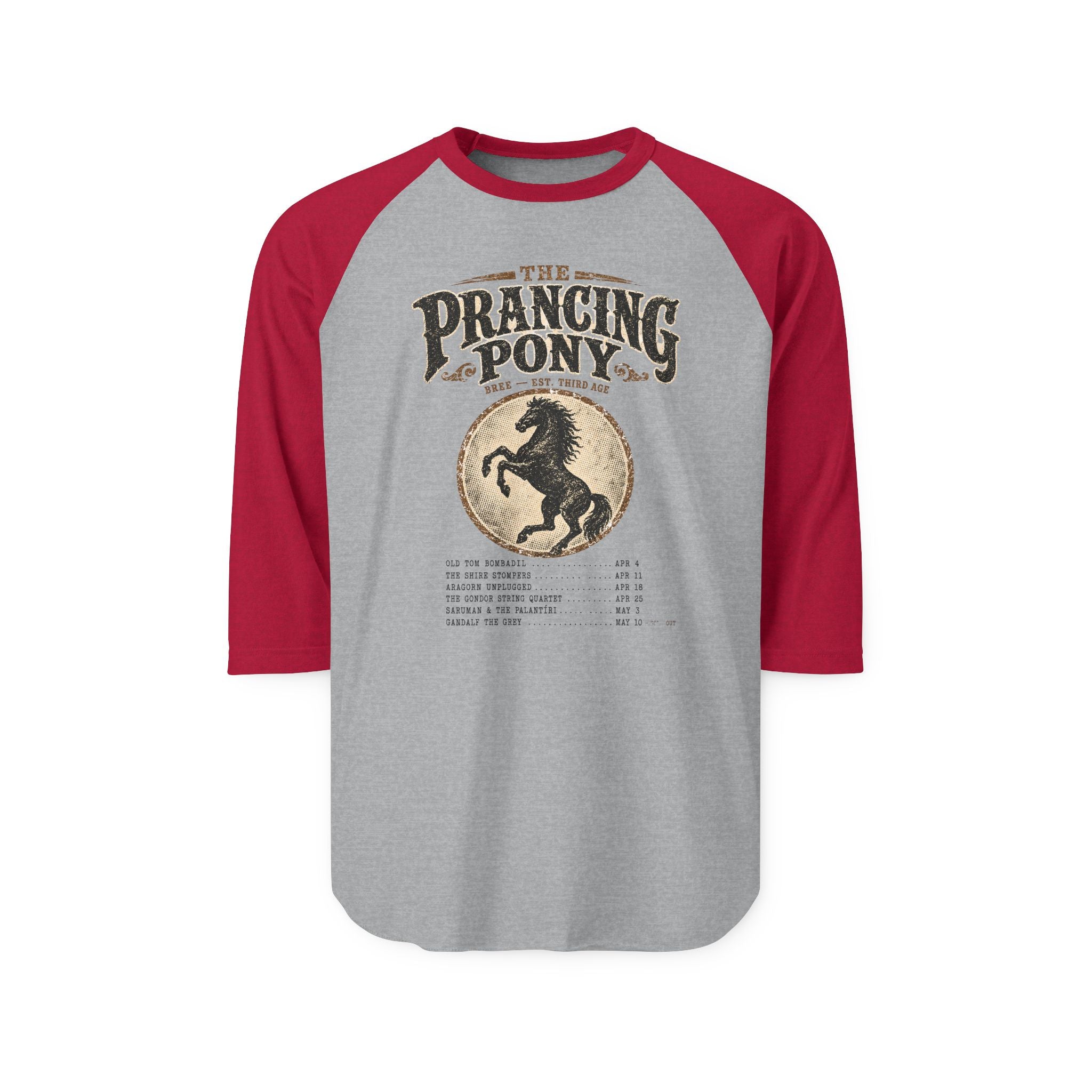 Gray and red baseball shirt with 'The Prancing Pony' graphic on a gray background