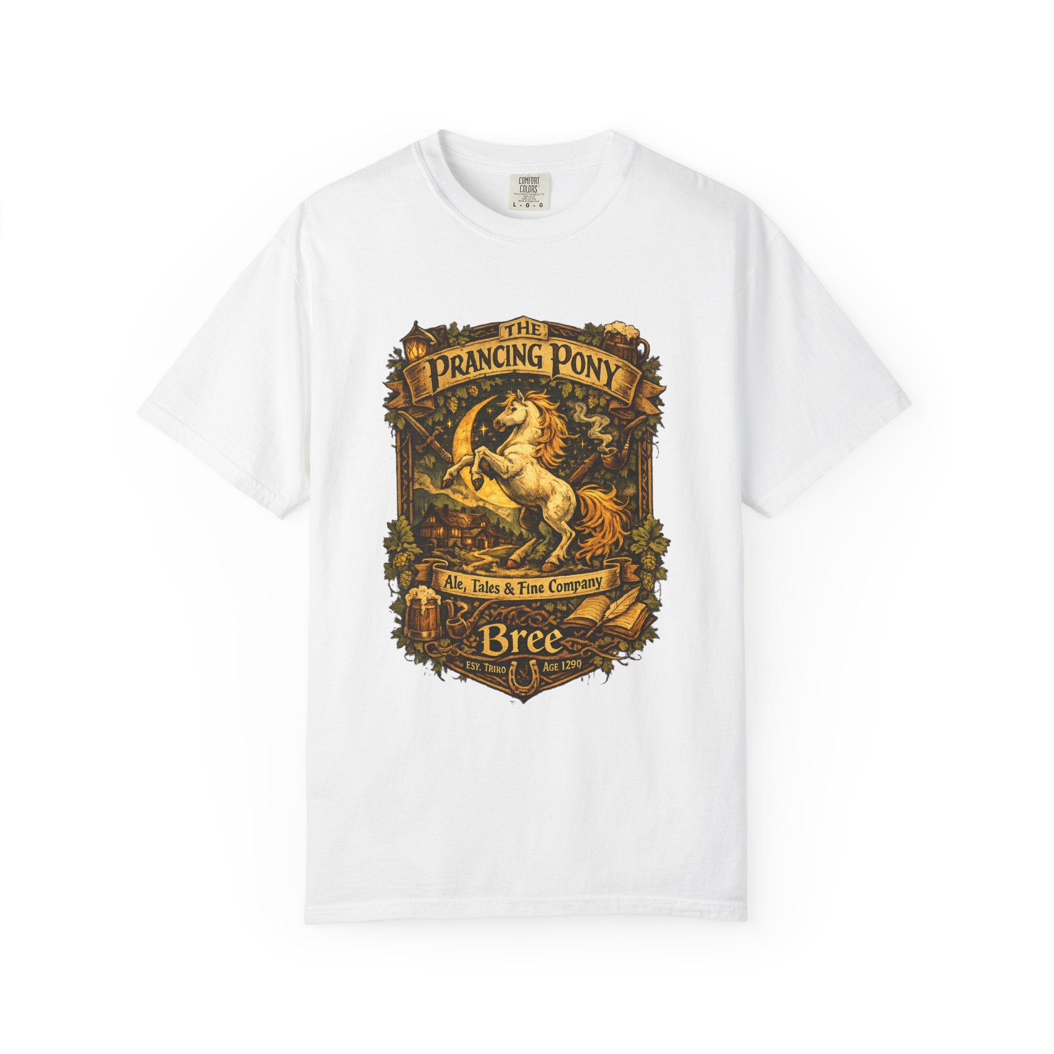 Prancing Pony Fantasy T-Shirt | Vintage Inn Heraldry Graphic Tee - Mutantur Labs LLC