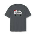 A dark gray short-sleeve t-shirt with a 'MERRY LIFTMAS' graphic on the chest, featuring a red Santa hat and a barbell. The shirt is displayed against a clean white background.
