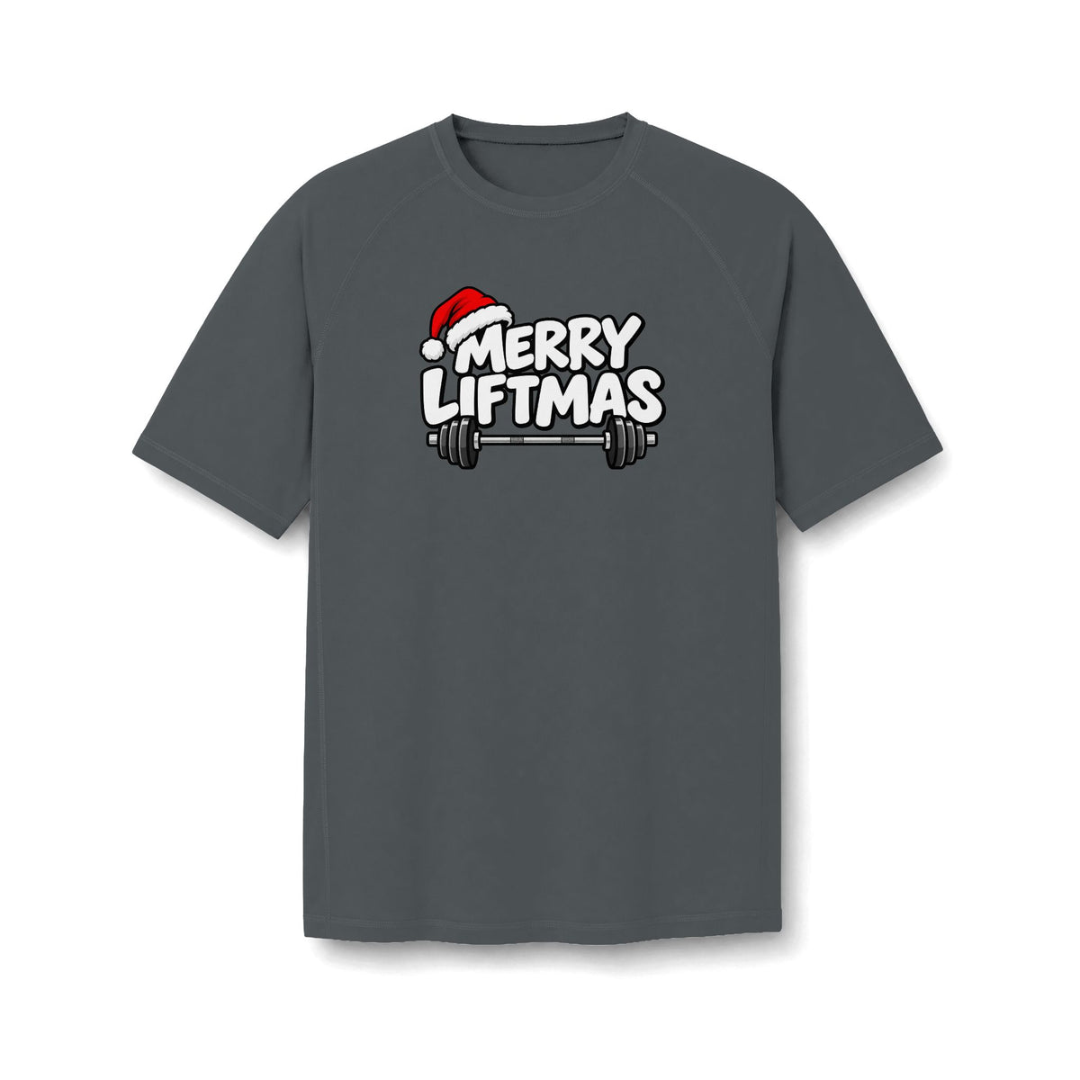 A dark gray short-sleeve t-shirt with a 'MERRY LIFTMAS' graphic on the chest, featuring a red Santa hat and a barbell. The shirt is displayed against a clean white background.
