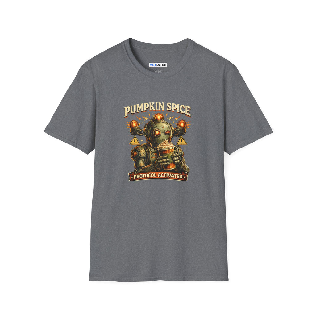 A dark gray crewneck t-shirt featuring a retro-futuristic graphic of a robot holding a mug, with the text 'PUMPKIN SPICE' above and 'PROTOCOL ACTIVATED' below.