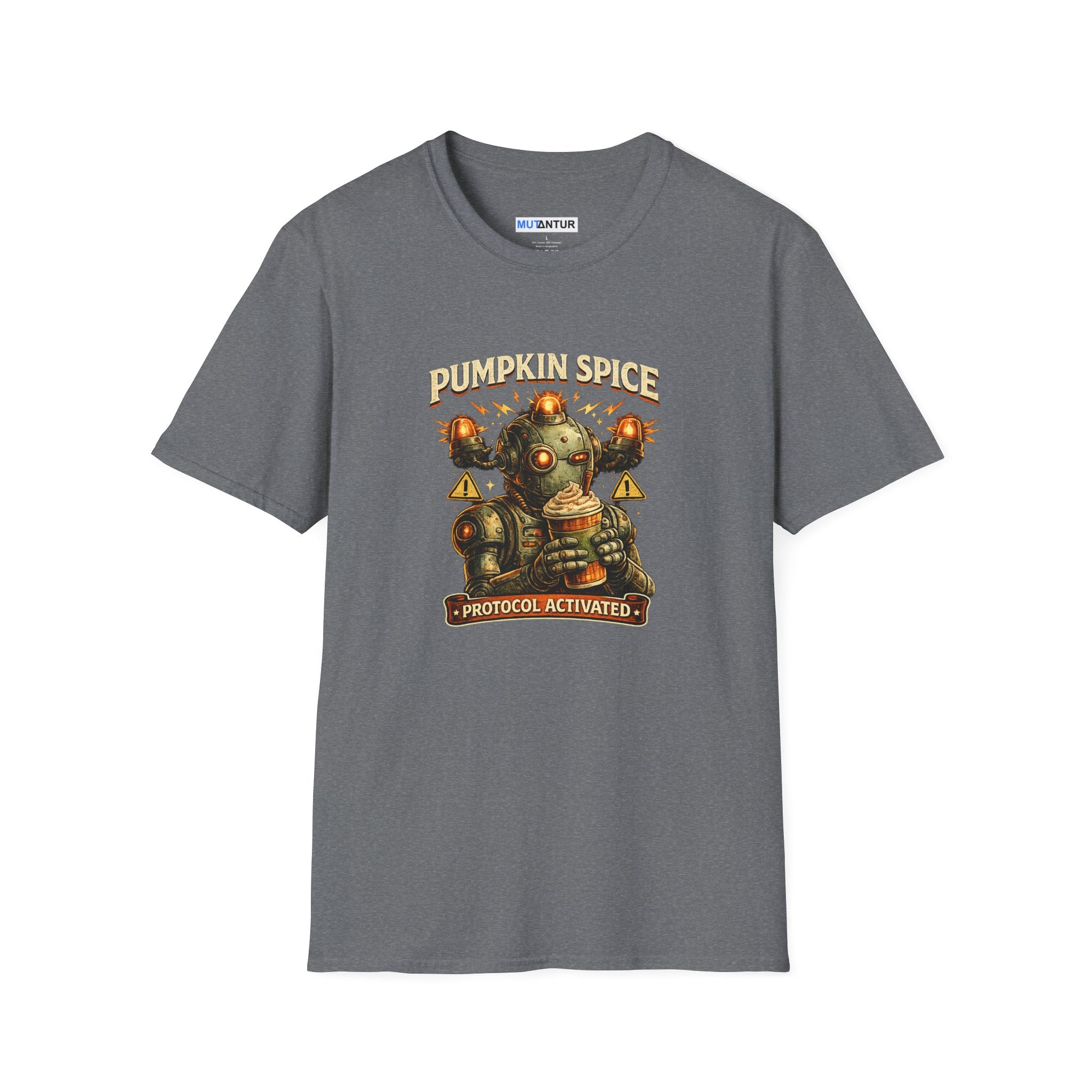 A dark gray crewneck t-shirt featuring a retro-futuristic graphic of a robot holding a mug, with the text 'PUMPKIN SPICE' above and 'PROTOCOL ACTIVATED' below.