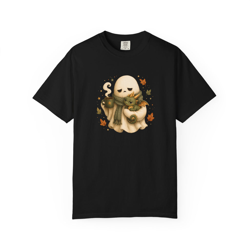A black short-sleeve crewneck t-shirt featuring a central graphic of a cute cream-colored ghost wearing a green scarf and holding a small dragon surrounded by orange autumn leaves.