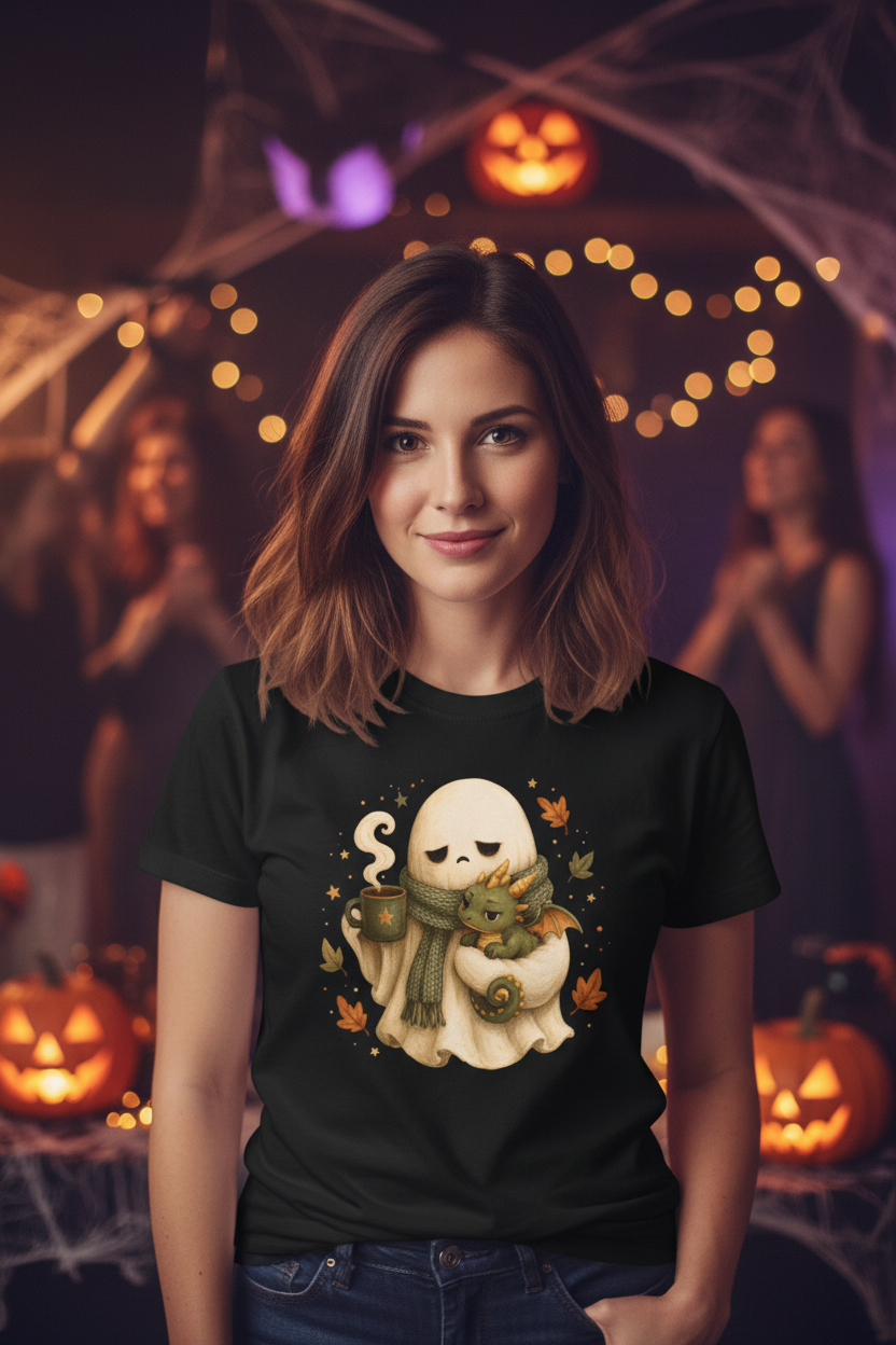 A black short-sleeve crewneck t-shirt featuring a central graphic of a cute cream-colored ghost wearing a green scarf and holding a small dragon surrounded by orange autumn leaves.