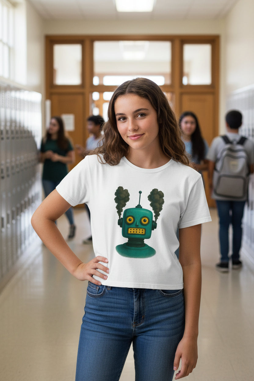 Retro Steampunk Robot Crop Top – Green Sci-Fi Graphic Top - Mutantur Labs LLC