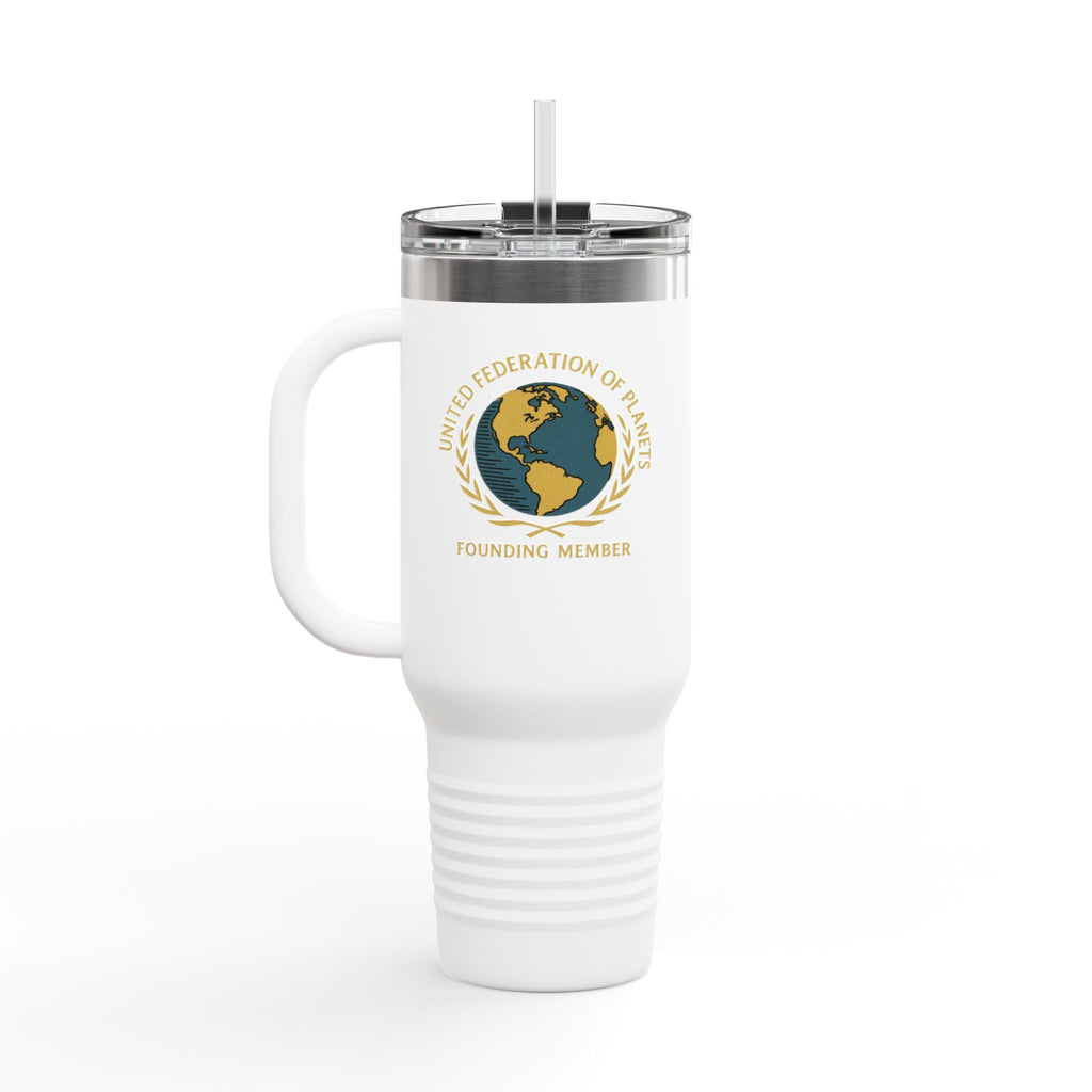 White travel mug with a logo and text on a white background