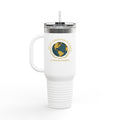 White travel mug with a logo and text on a white background