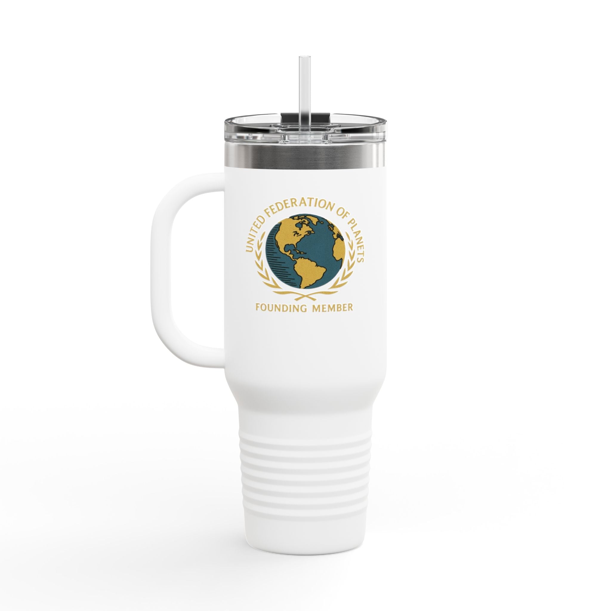 White travel mug with a logo and text on a white background