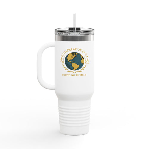 White travel mug with a logo and text on a white background