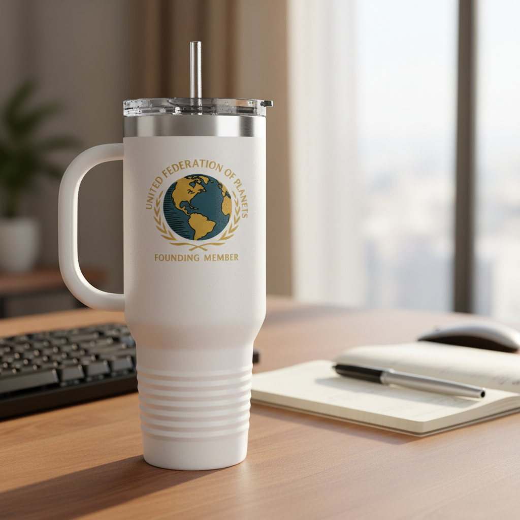 white United Federation of Planets 40oz insulated travel tumbler, sitting on a desk