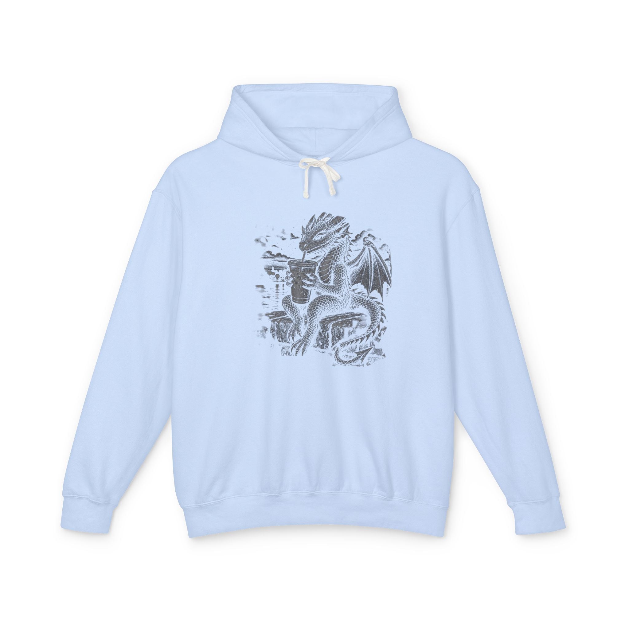 A light blue pullover hoodie with a detailed black and white dragon graphic printed on the center chest, shown against a plain white background.
